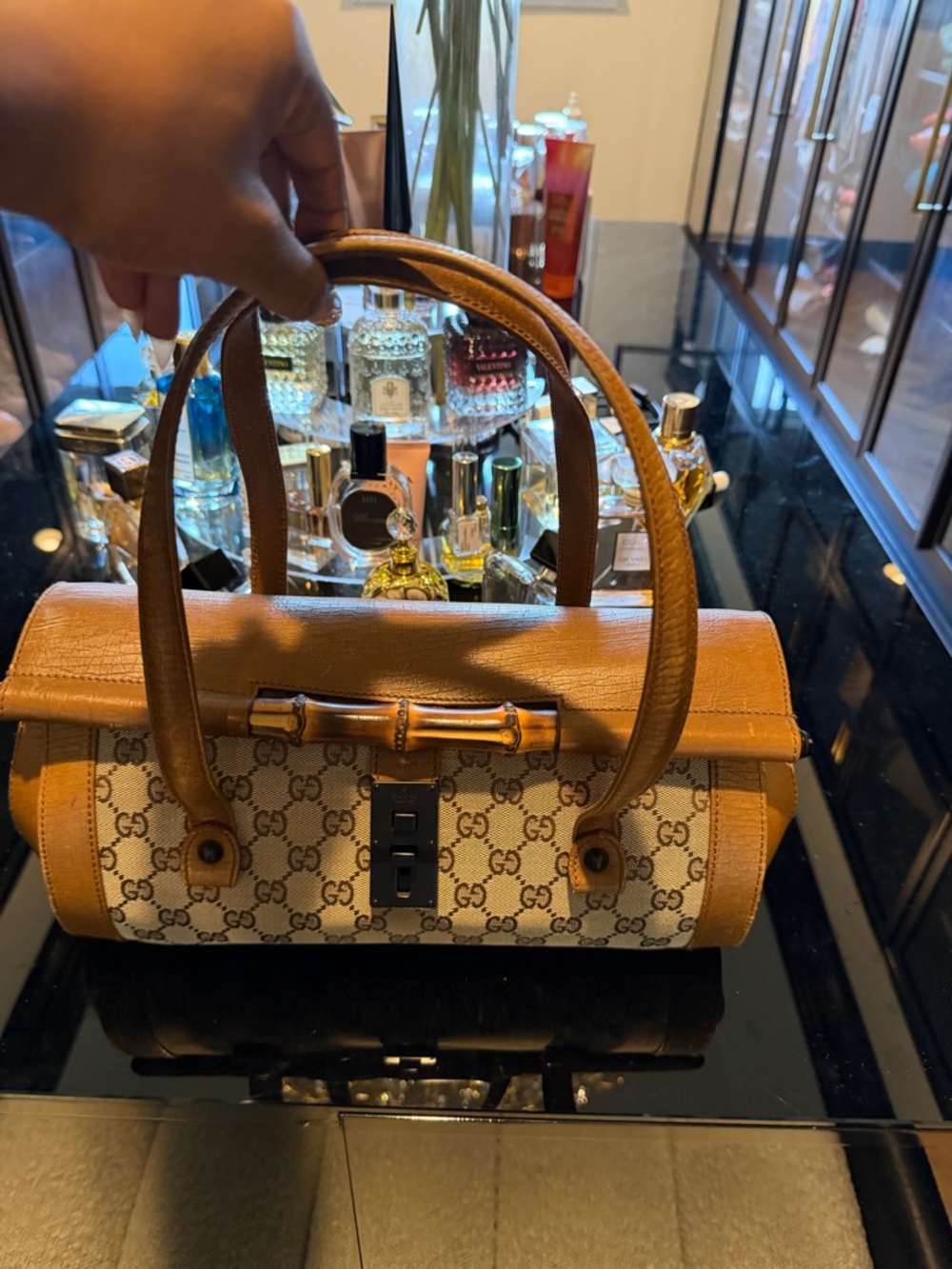 Vintage Gucci Brown/Tan GG Canvas Bamboo Accent Satchel